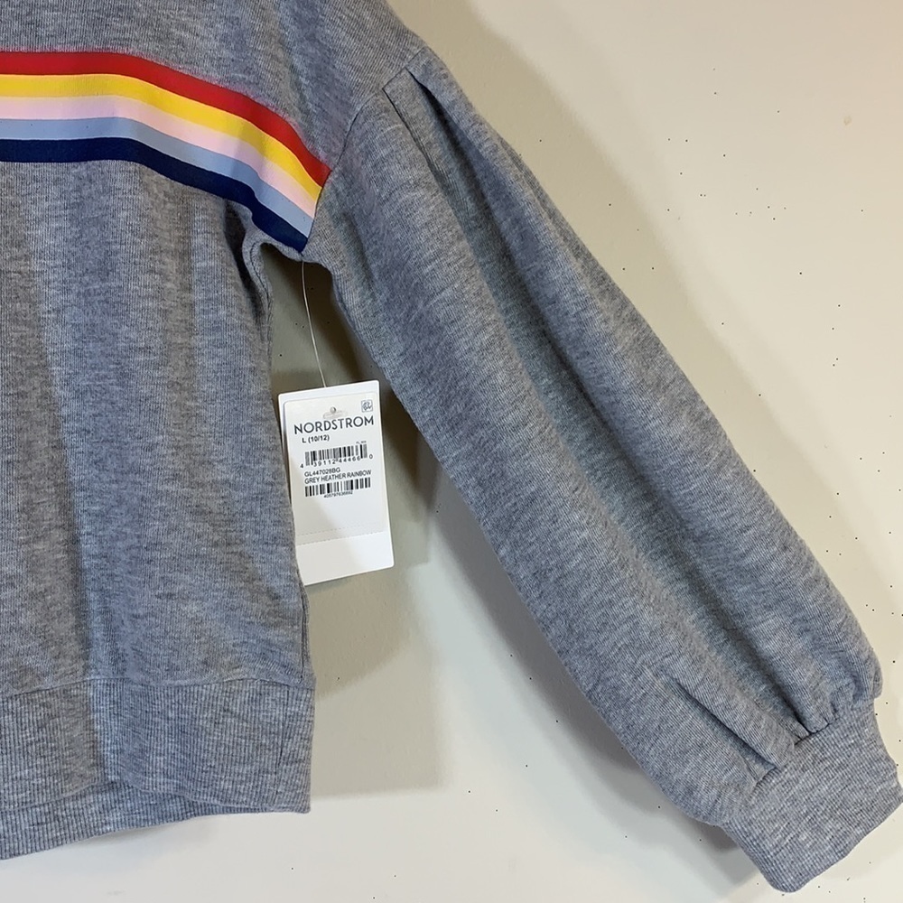 NWT. Nordstrom Girl’s L Grey Heather Rainbow Cotton Blend Puff Sleeve Hoodie. - Picture 4 of 8
